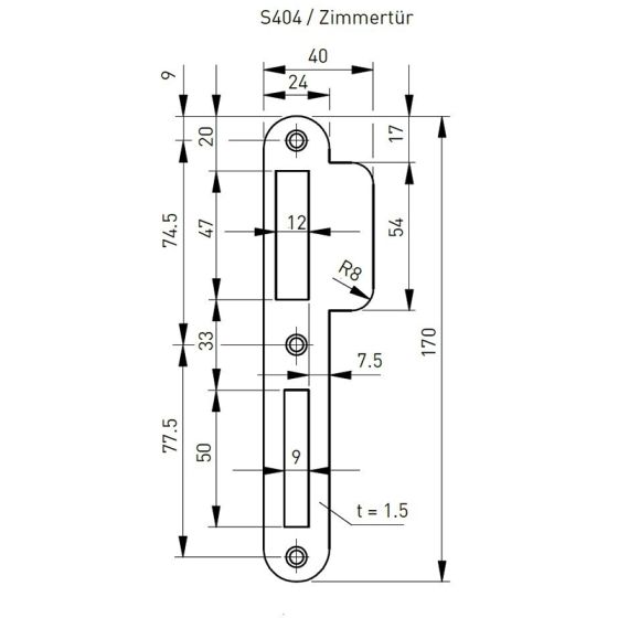 SN-TEC Edelstahl Lappenschließblech Flach, 1 Mm Dünn, 192x25 Mm, Lappen 45 Mm, DIN Rechts – Für Zimmertüren, Abgerundet
